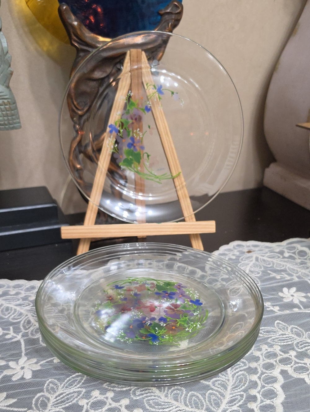 Vtg Hand-Painted Floral Clear Glass 6 Plates Set Green & Purple Made In France